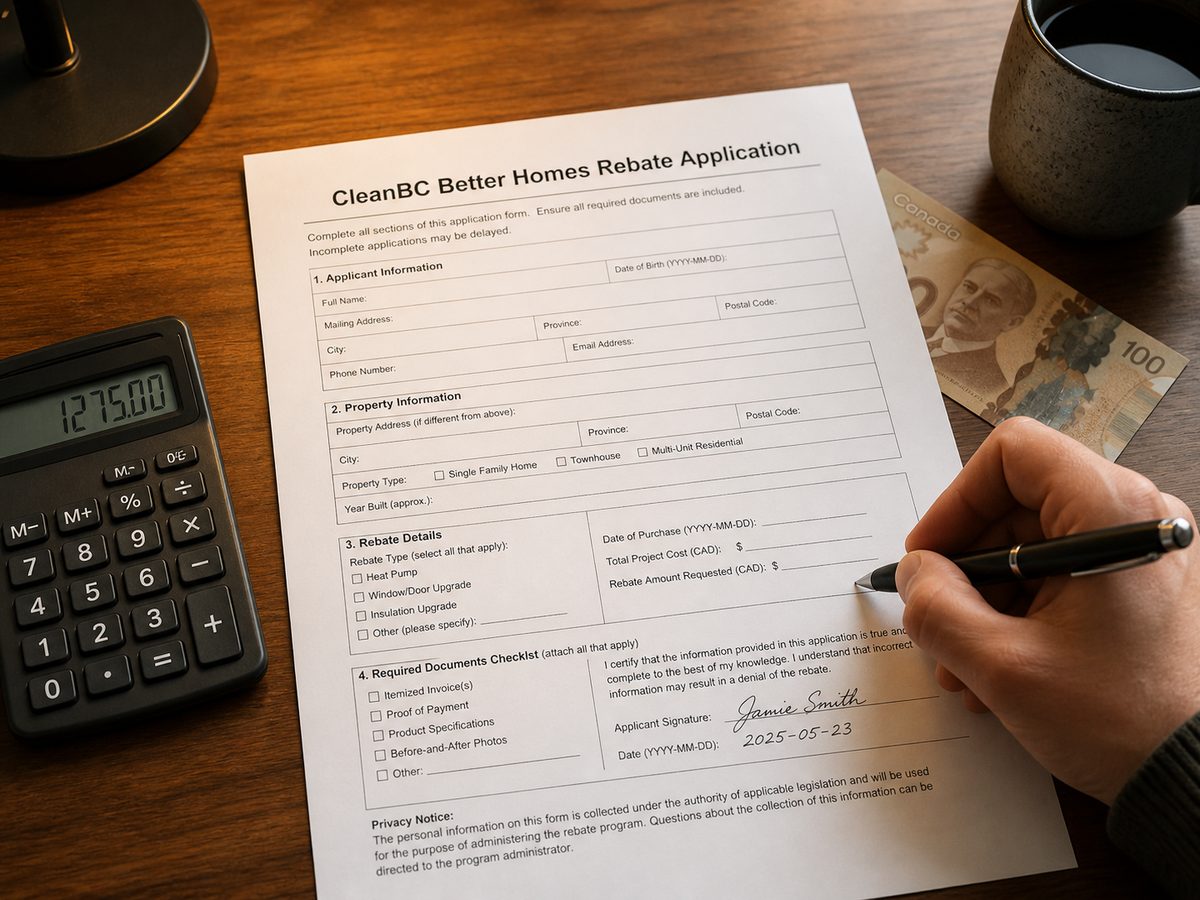 CleanBC Better Homes rebate application form being completed with calculator and Canadian currency on a desk