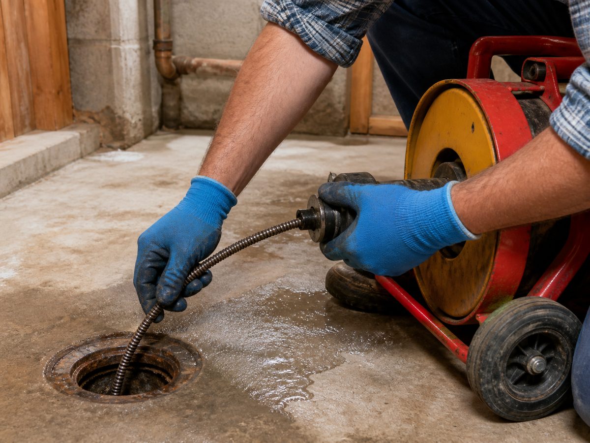 Plumber clearing a drain with a power snake