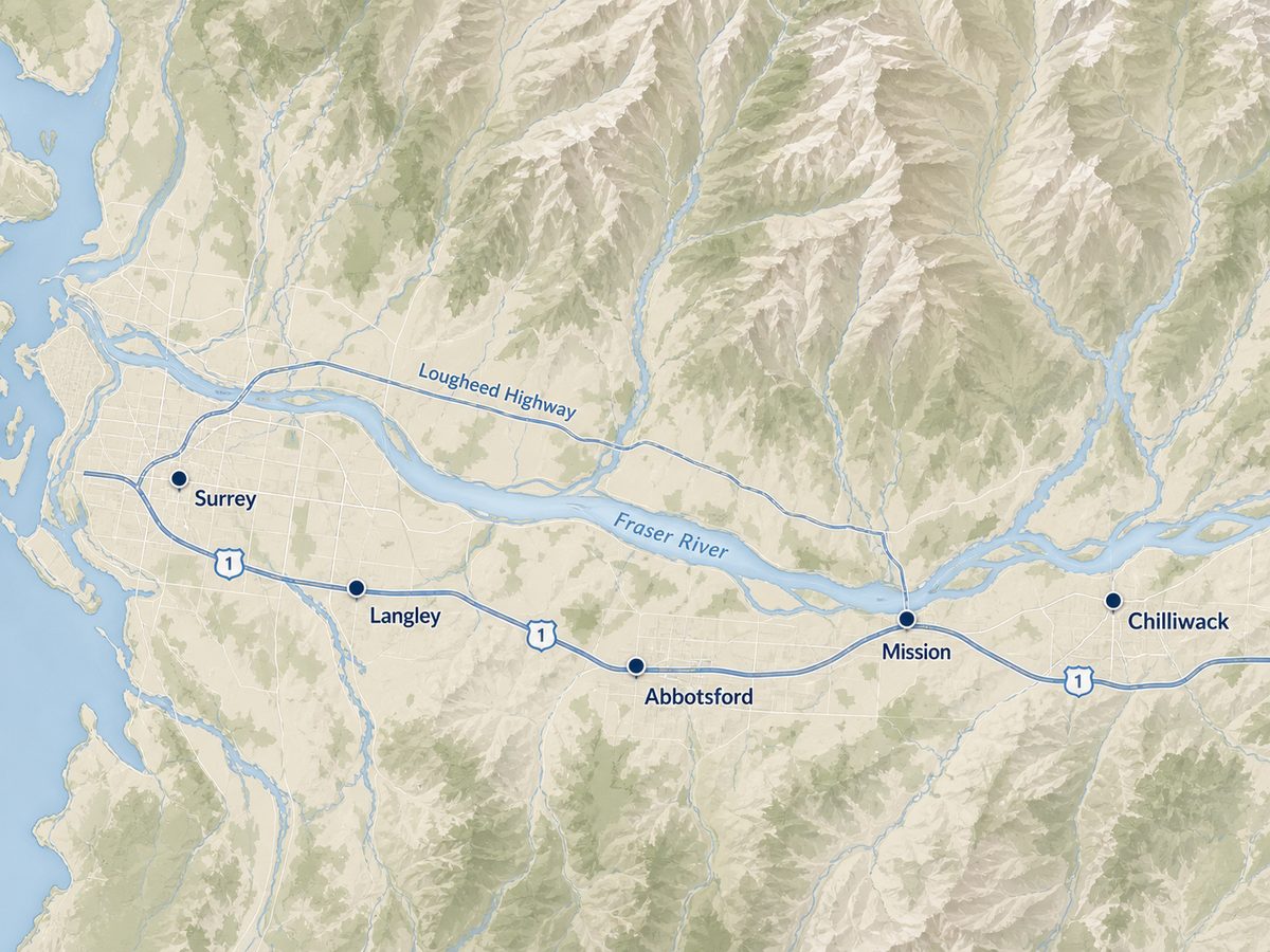 Map showing Fraser Valley plumbing service area