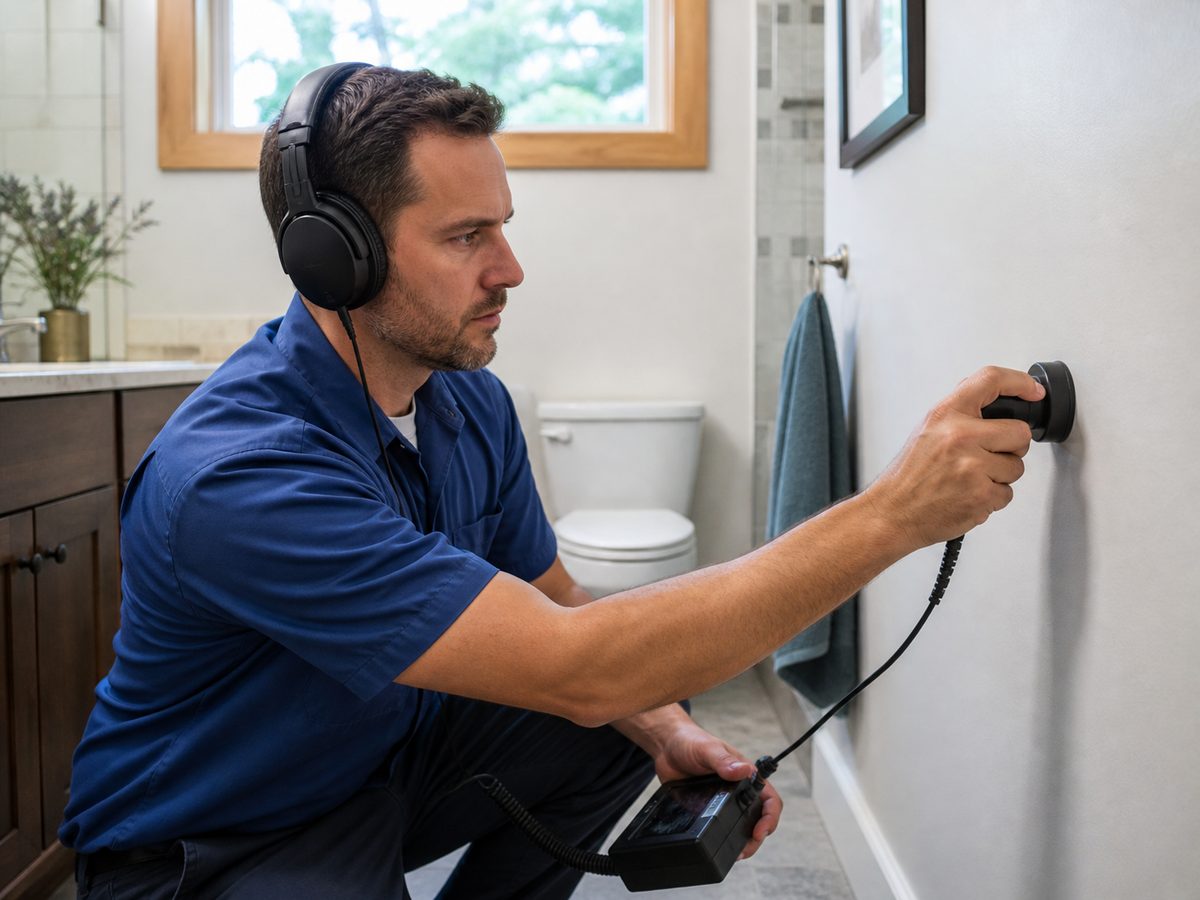 Plumber using acoustic leak detection on a wall