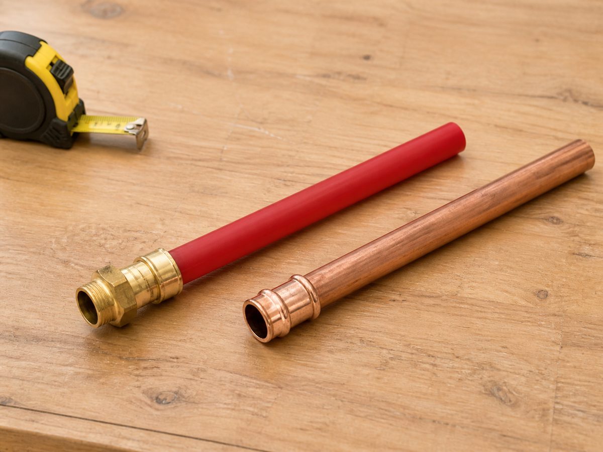 Red PEX cross-linked polyethylene pipe and Type L copper pipe shown side by side with their respective fittings