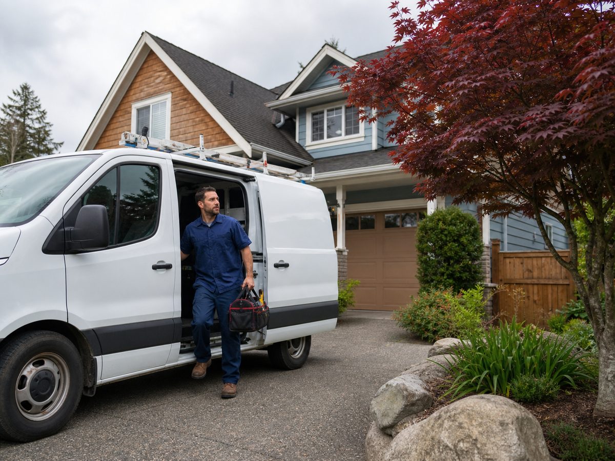 Mobile plumbing service truck arriving at a Fraser Valley home