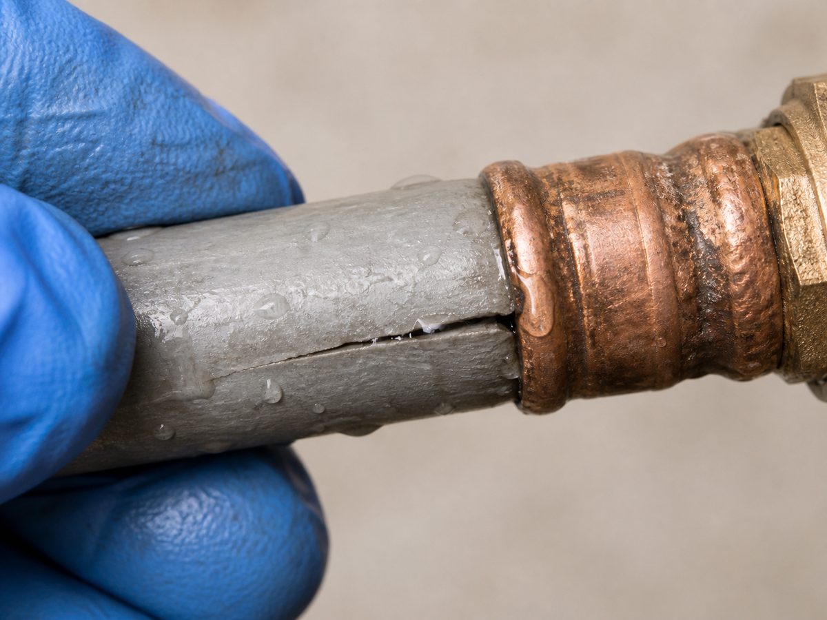 Close-up of failed polybutylene pipe with visible split at the copper crimp fitting — common failure mode in BC homes built 1978–1995