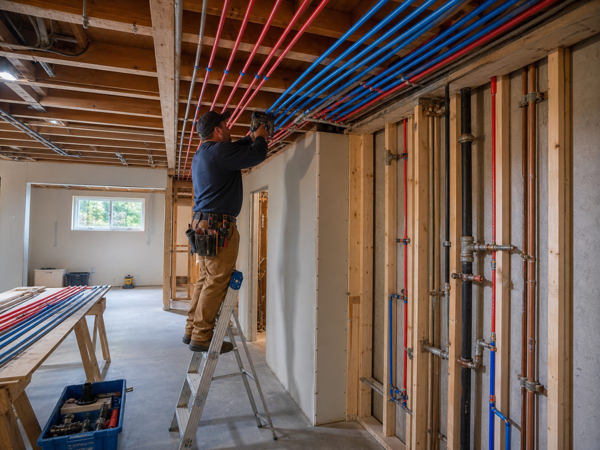 PEX repipe in progress in a Surrey BC home — red and blue cross-linked polyethylene tubing routed across open ceiling joists